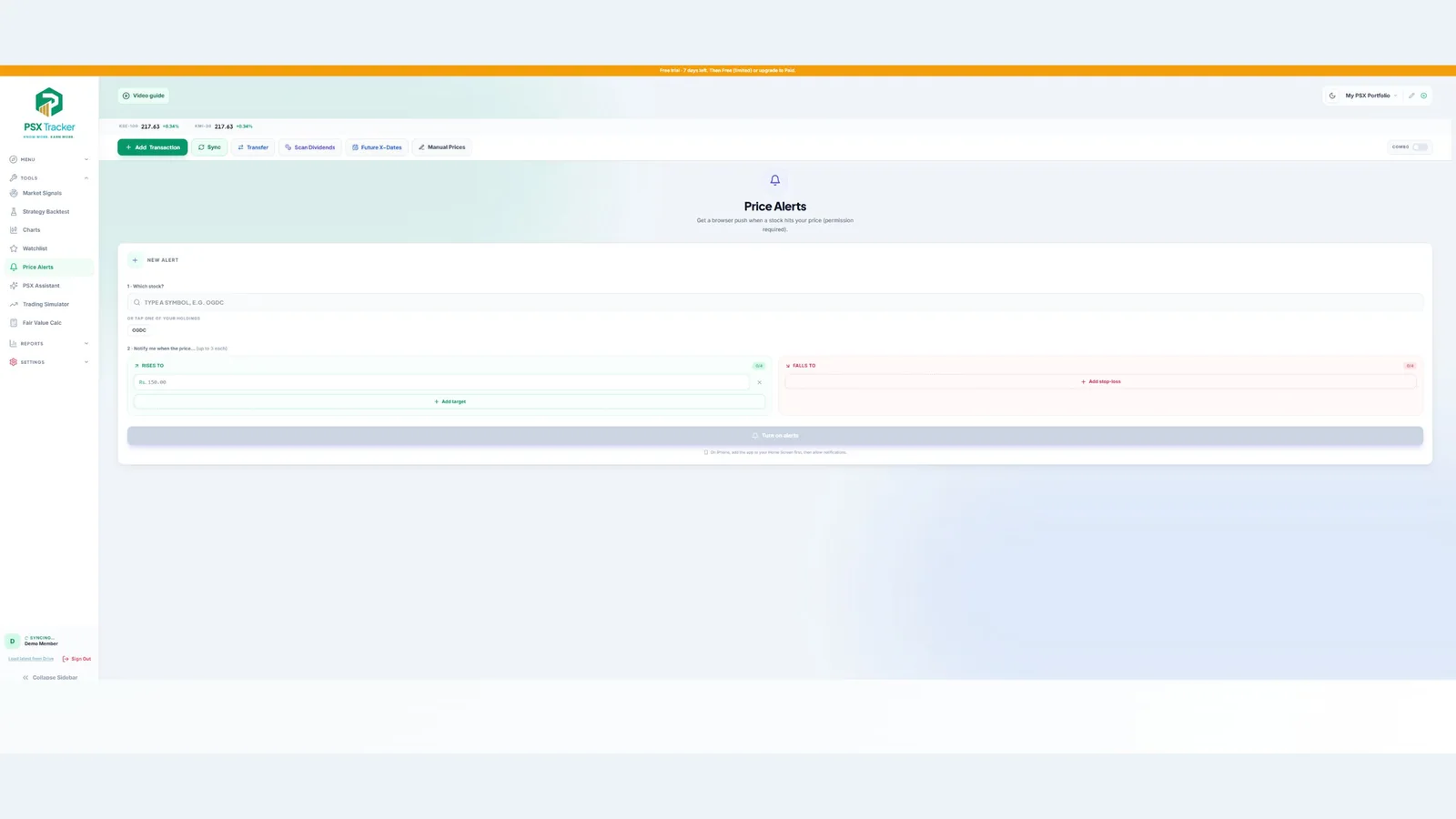 Set up price alert conditions — demo account