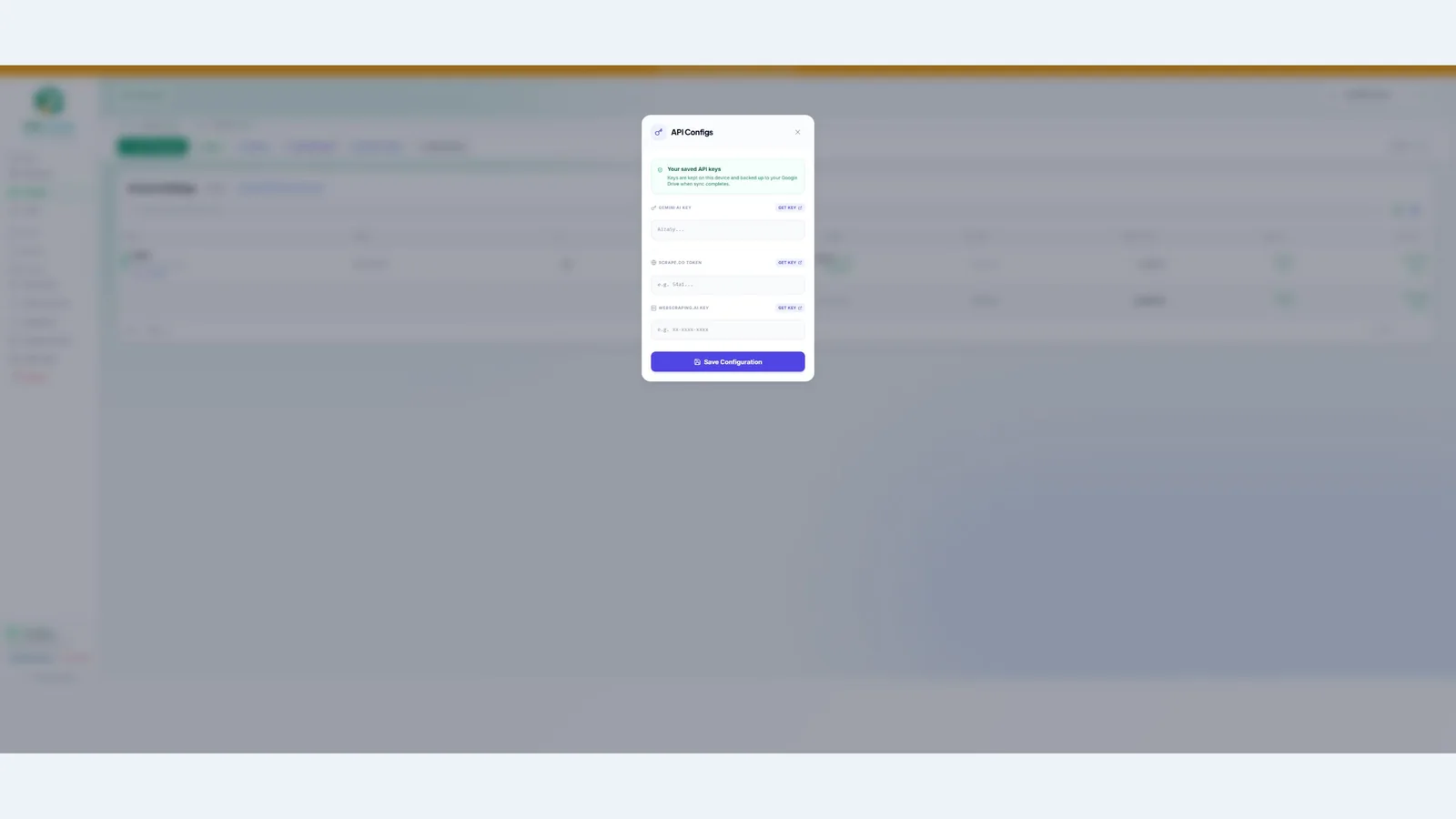 Settings → API Keys, with empty key fields — demo account