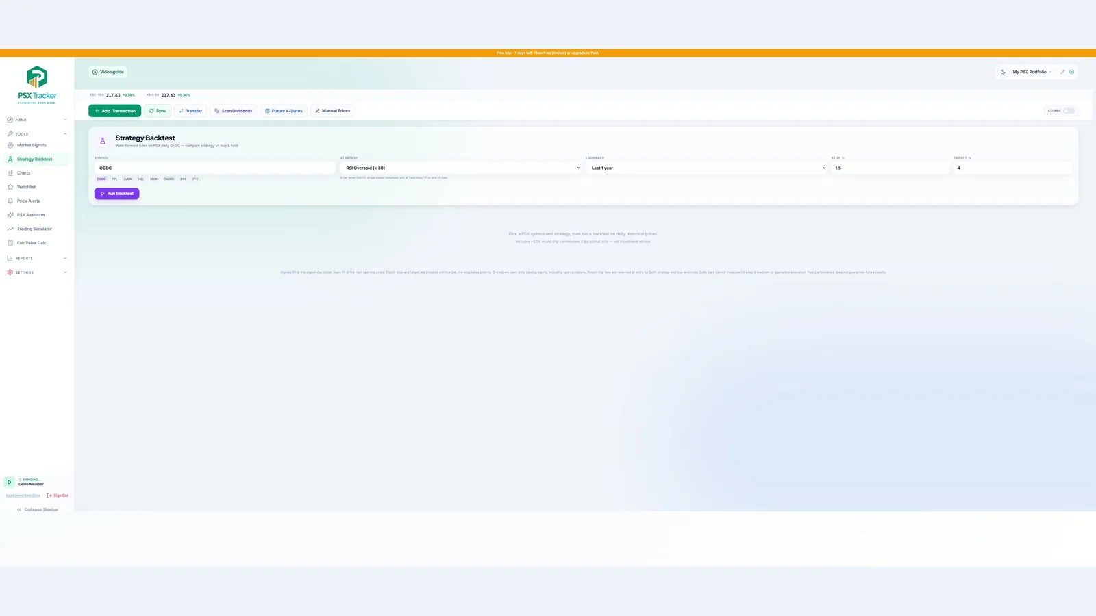 Set the strategy and history for a backtest — demo account