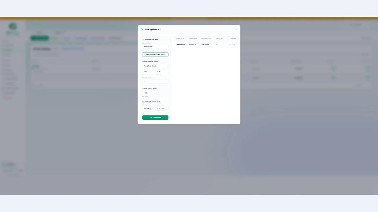 Broker commission and fee configuration — example rates — demo account