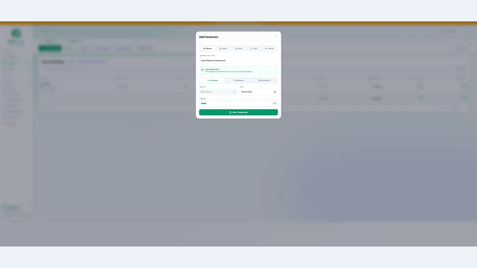 Record a cash deposit in your tracker — demo account