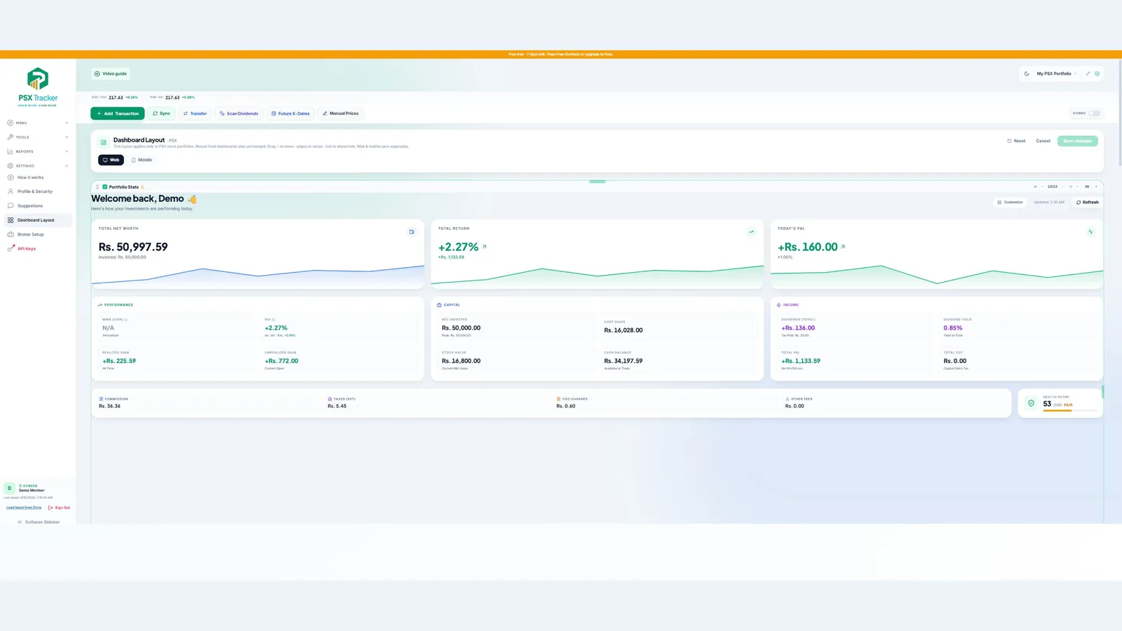 Arrange dashboard cards for web and mobile — demo account