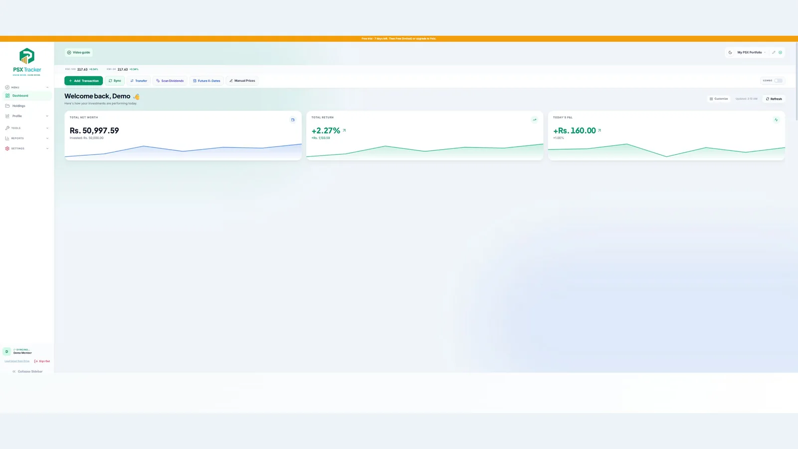 Portfolio dashboard with illustrative balances — demo account