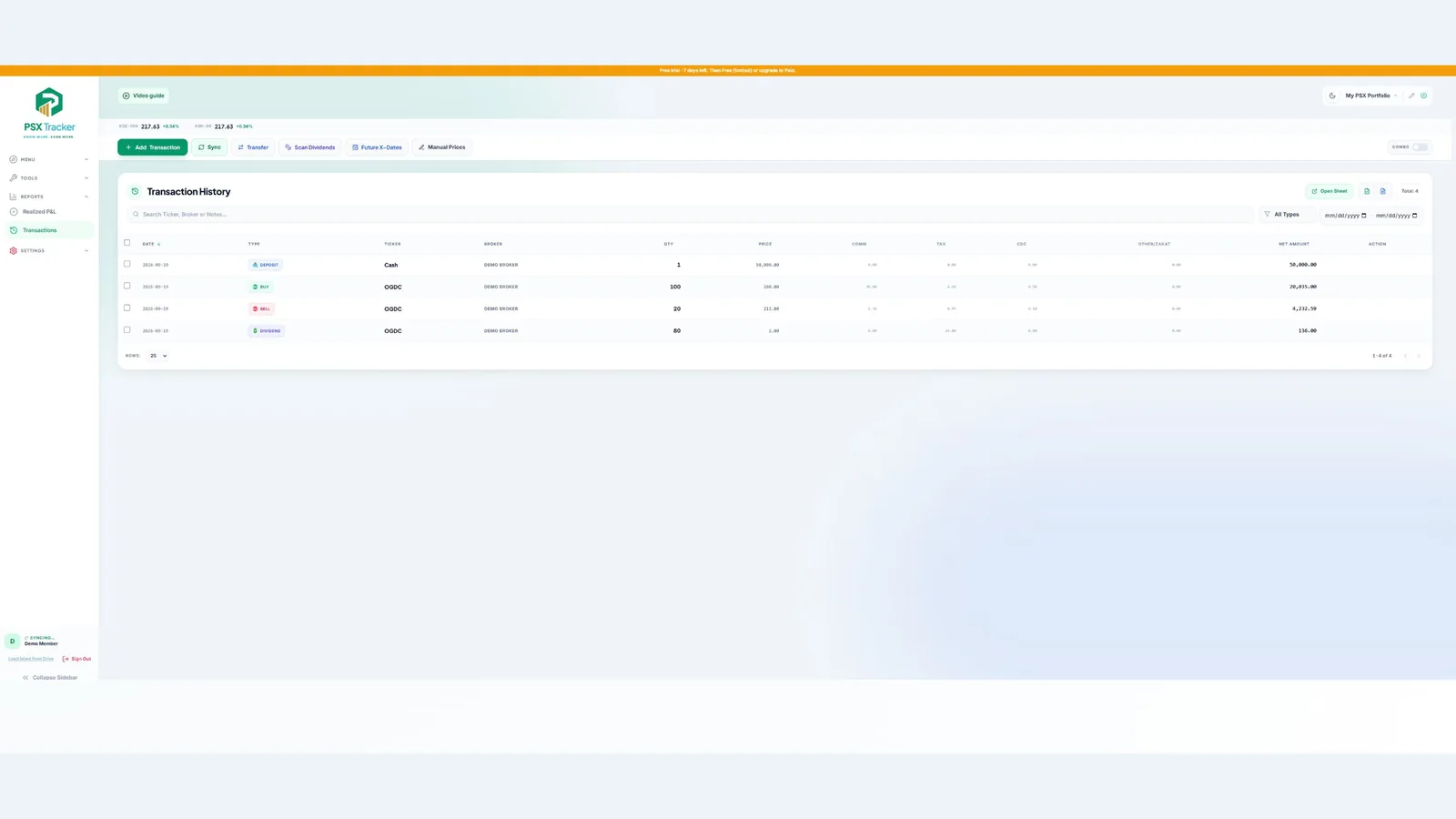 Transaction history for checking and editing records — demo account