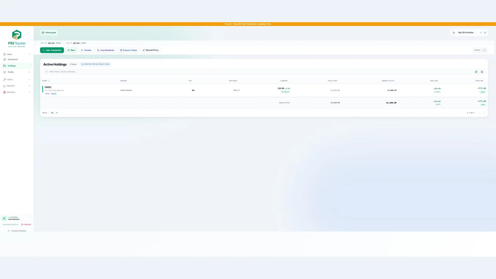 Open holdings, average cost and profit and loss — demo account