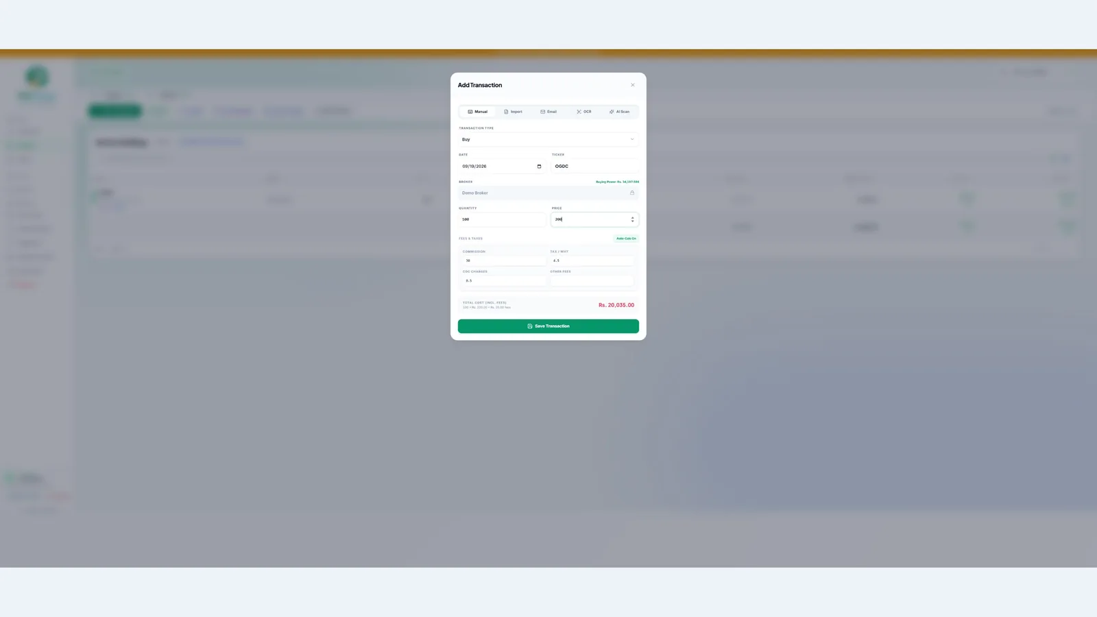 Review the price, quantity and trade charges — demo account