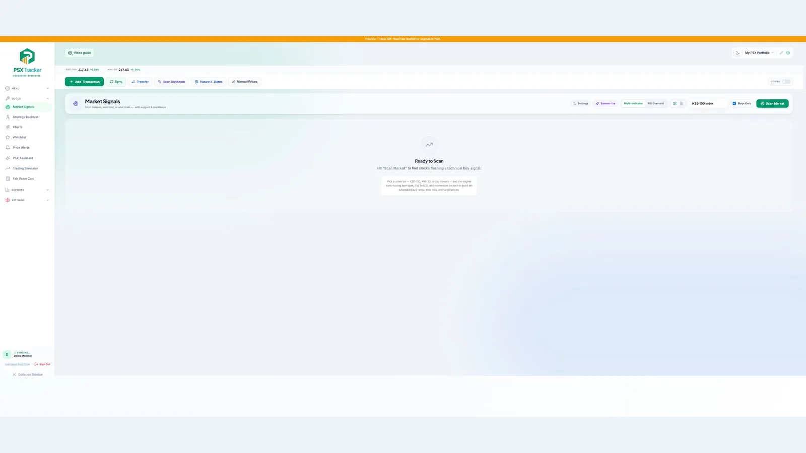 Choose a stock universe and scan strategy — demo account