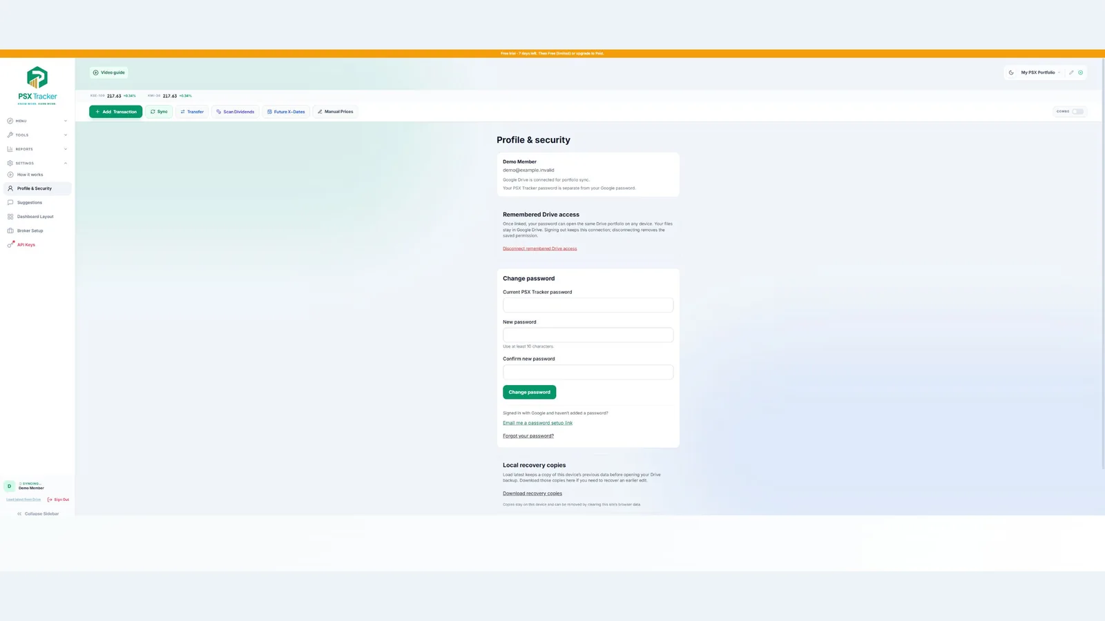 Profile, password and Drive connection settings — demo account