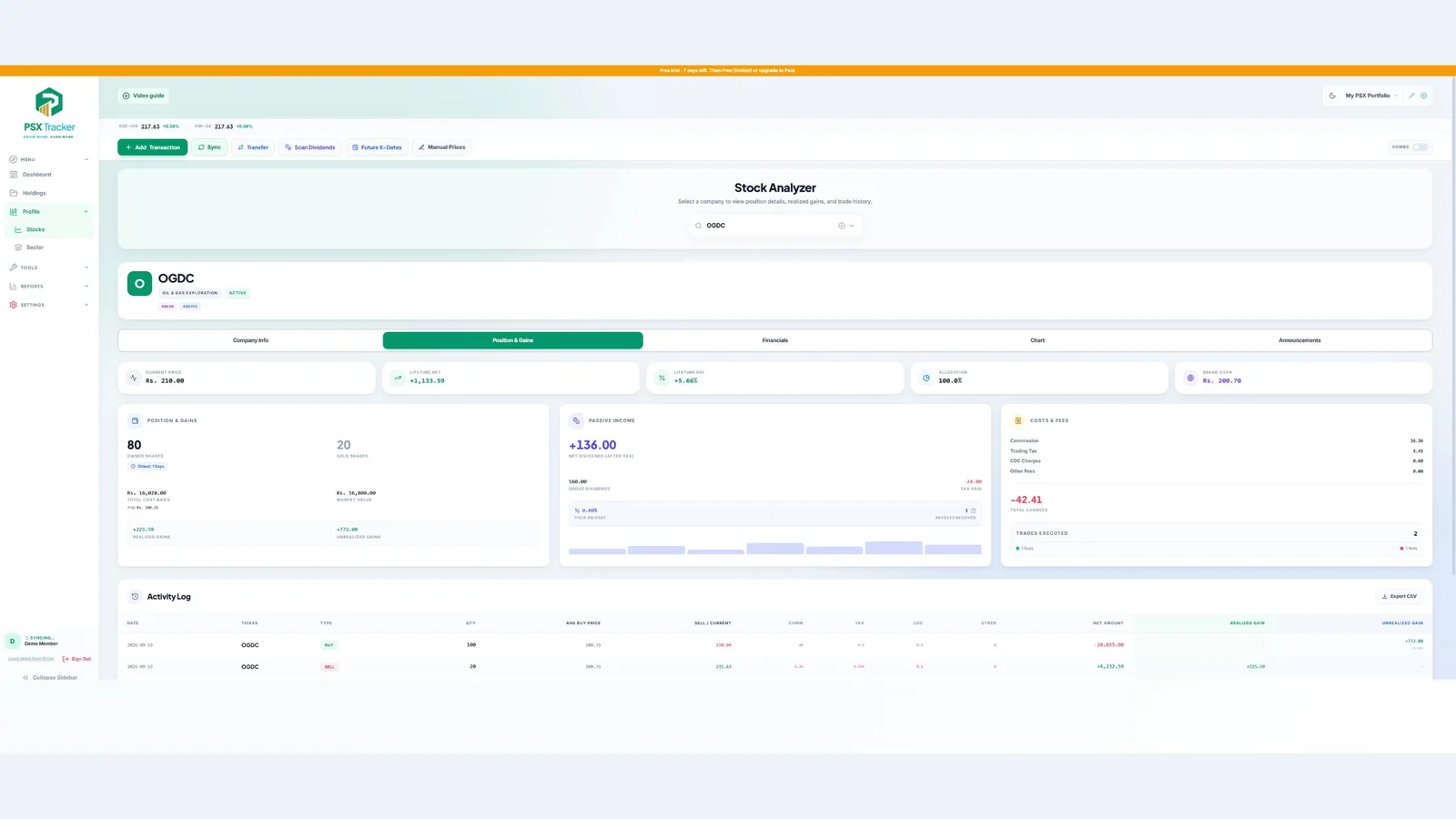 Stock profile: position, dividends and costs — demo account