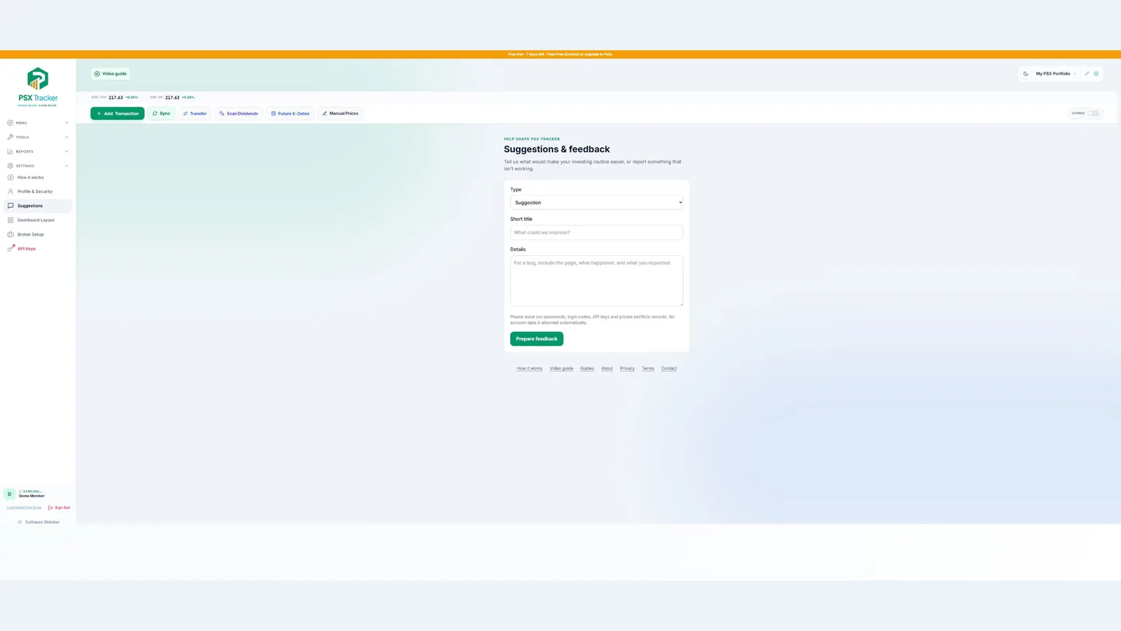 Share feedback with the support team — demo account