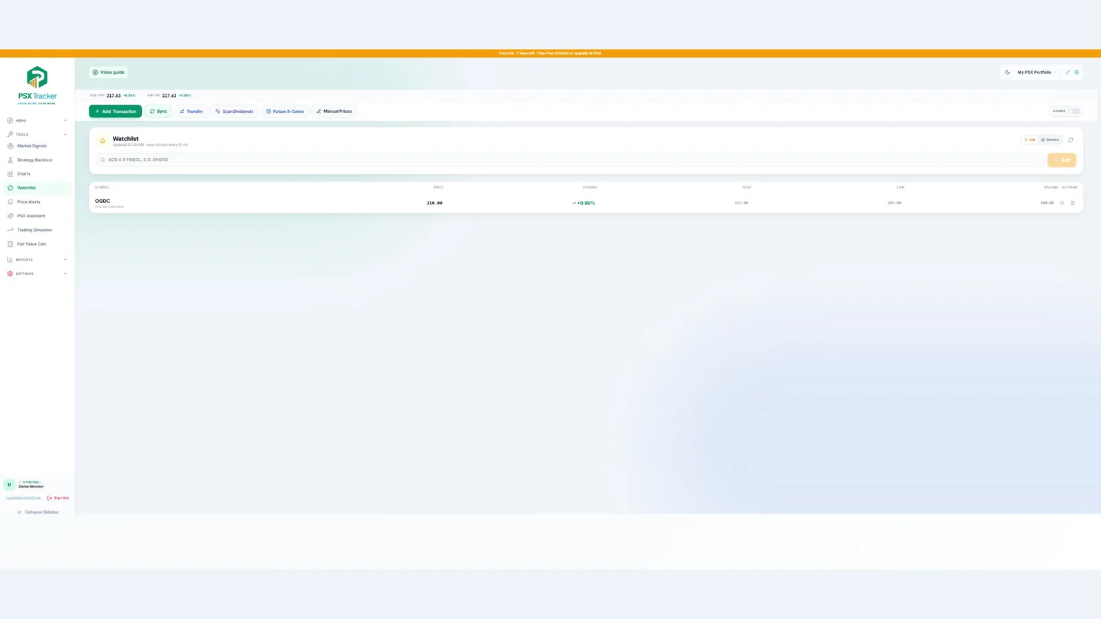 Follow stocks in a watchlist — demo account