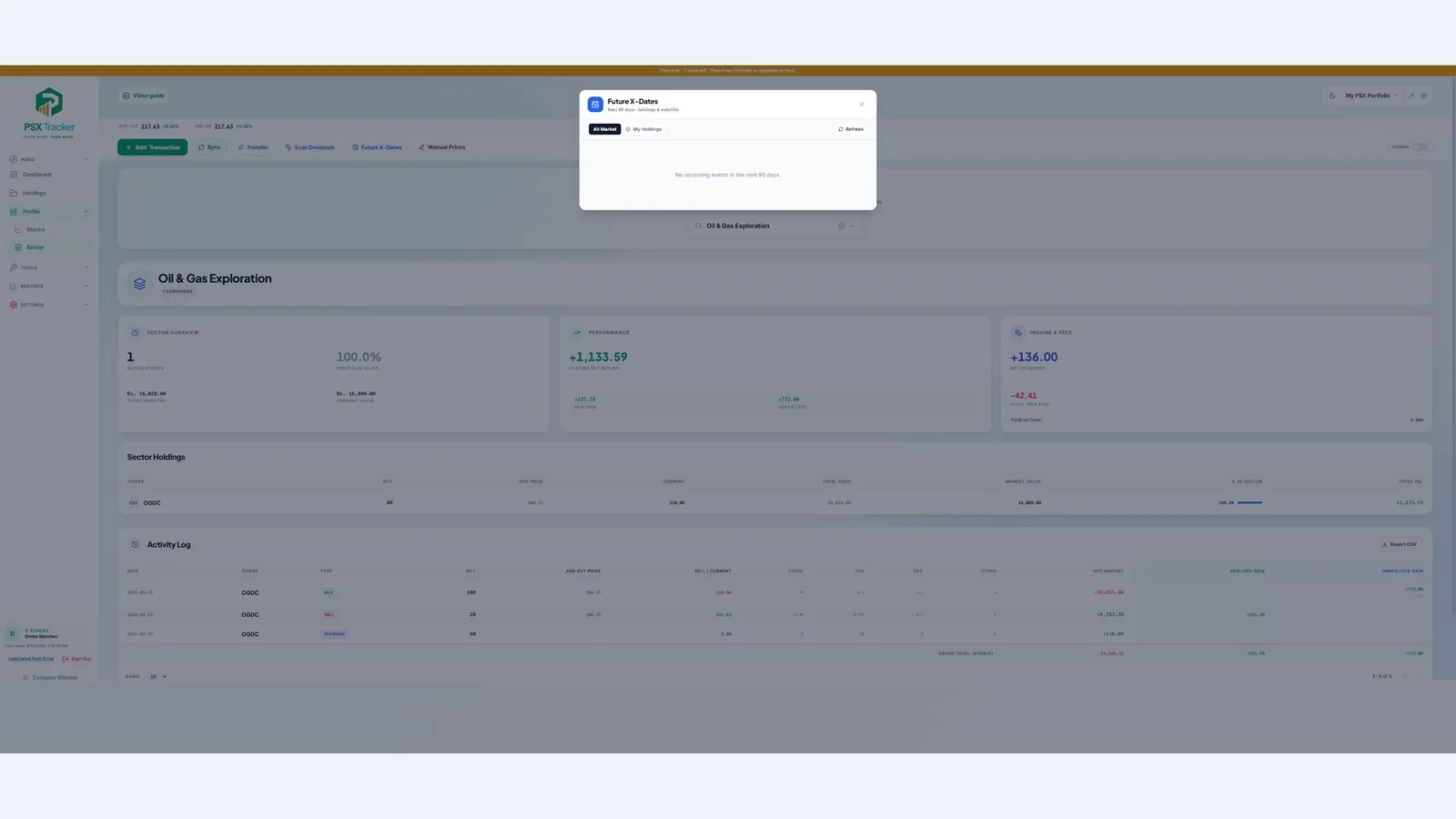 Review upcoming corporate action dates — demo account